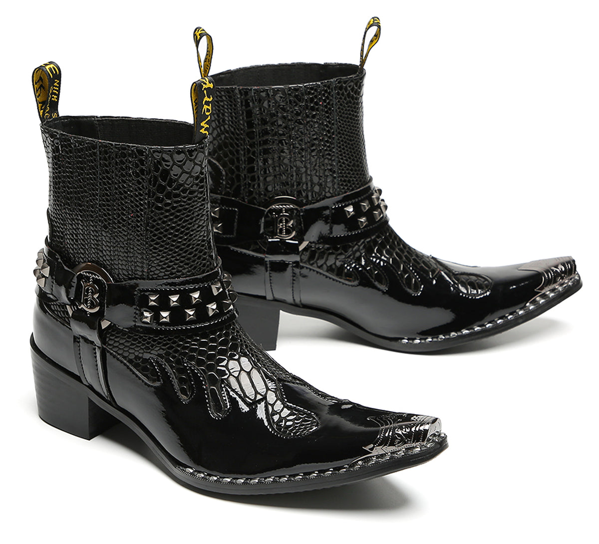 Mens Studded Snake Pattern Leather Cowboy Western Chelsea Boots