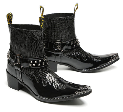 Mens Studded Snake Pattern Leather Cowboy Western Chelsea Boots
