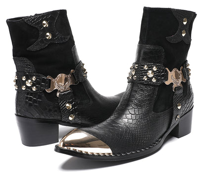 Mens Top-Grain Leather Studded Skull Buckle Punk Cowboy Western Boots