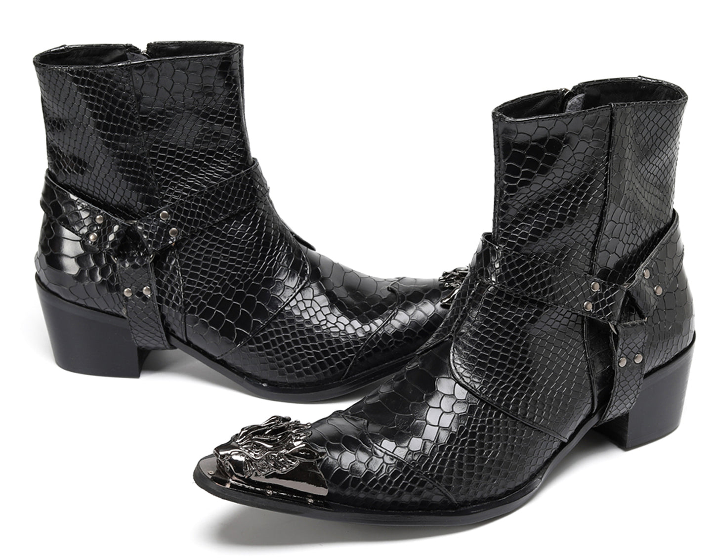 Mens Black Crocodile Print Metal Lion Head Cowboy Western Boots