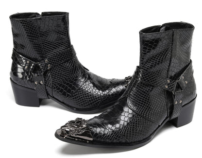Mens Black Crocodile Print Metal Lion Head Cowboy Western Boots