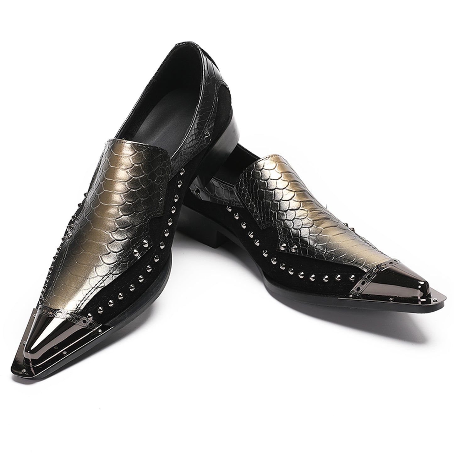 Mens Snake Embossed Leather Metal Toe Studded Loafers