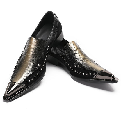 Mens Snake Embossed Leather Metal Toe Studded Loafers