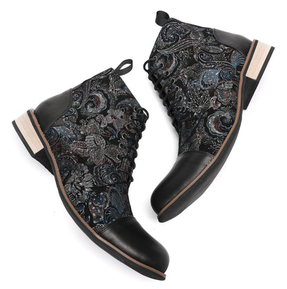 Mens Genuine Leather Embroidery Square Toe Oxfords Boots