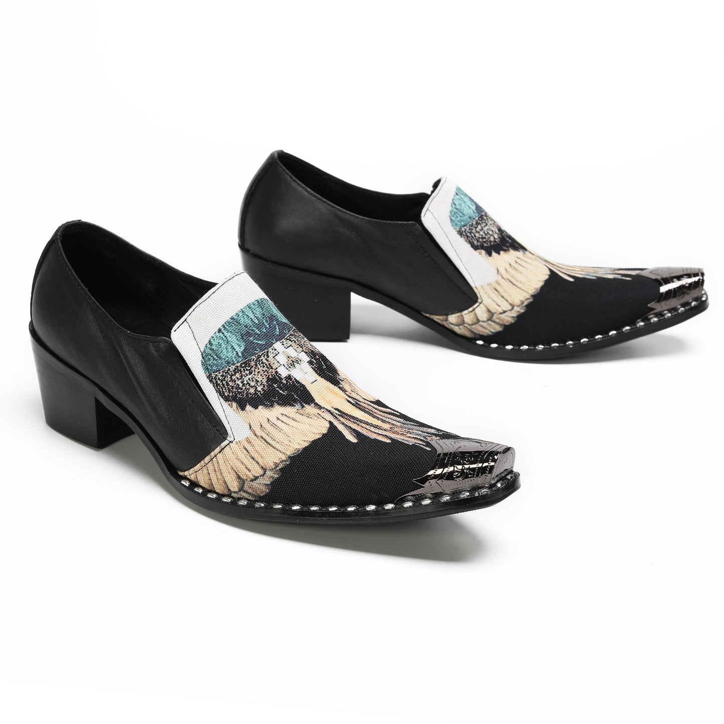 Mens Top-Grain Leather Eagle Print Slip On Western Loafers