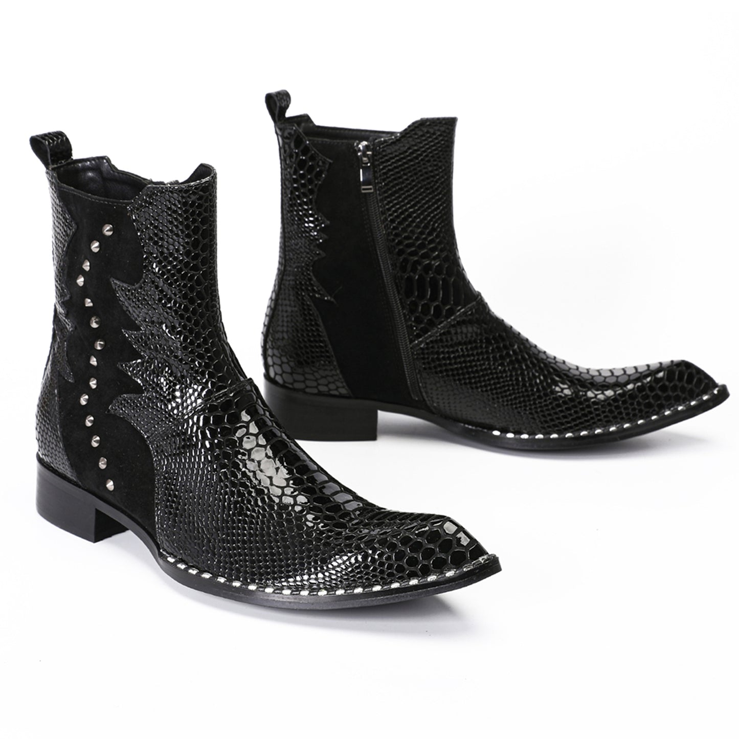 Mens Top-Grain Leather Snake-Embossed Studded Western Cowboy Ankle Boots