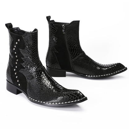 Mens Top-Grain Leather Snake-Embossed Studded Western Cowboy Ankle Boots