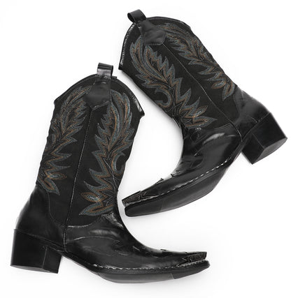 Mens Genuine Leather Metal Wingtip Toe Embroidered Pull On Western Cowboy Boots