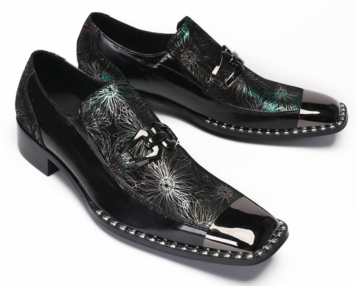 Mens Genuine Leather Sequin Metal Square Toe Western Loafers