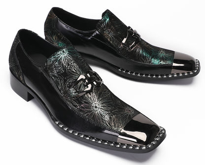 Mens Genuine Leather Sequin Metal Square Toe Western Loafers