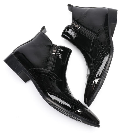 Mens Glossy Patent Leather Double Zipper Ankle Western Boots