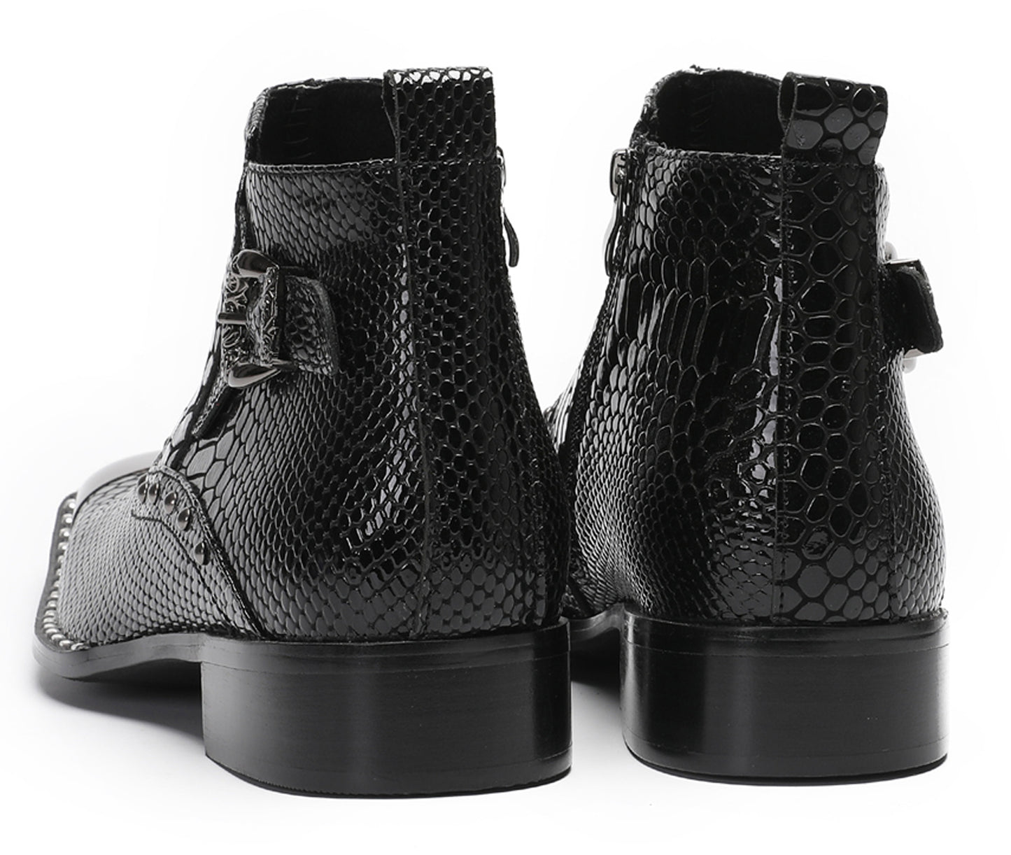 Mens Genuine Leather Snakeskin Texture Metal Square Toe Beads Western Boots
