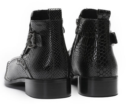 Mens Genuine Leather Snakeskin Texture Metal Square Toe Beads Western Boots