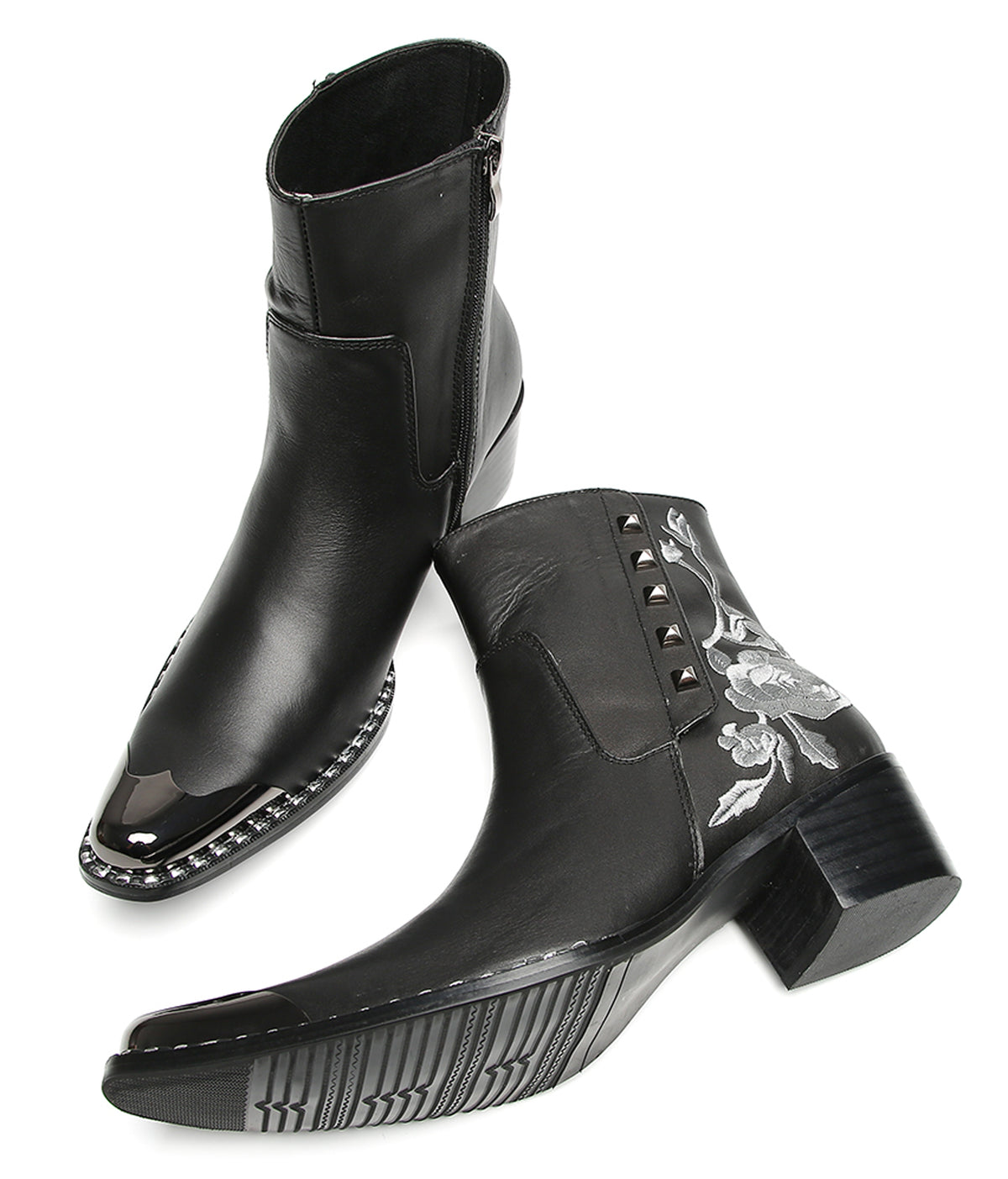 Mens Embroidered Rose Side Zip Metal Toe Cowboy Western Boots