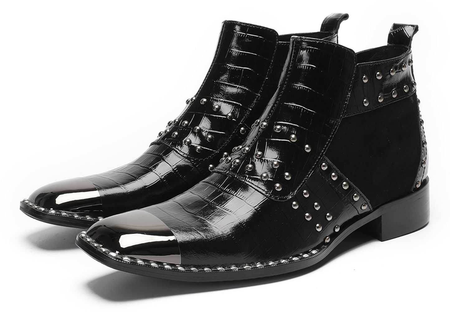 Mens Genuine Leather Metal Square Toe Side Zipper Beads Plaid Ankle Western Boots