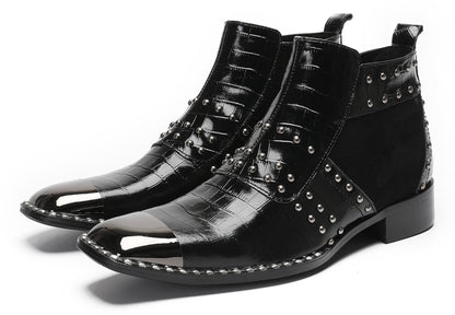 Mens Genuine Leather Metal Square Toe Side Zipper Beads Plaid Ankle Western Boots