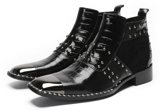 Mens Genuine Leather Metal Square Toe Side Zipper Beads Plaid Ankle Western Boots