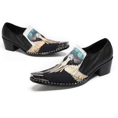 Mens Top-Grain Leather Eagle Print Slip On Western Loafers