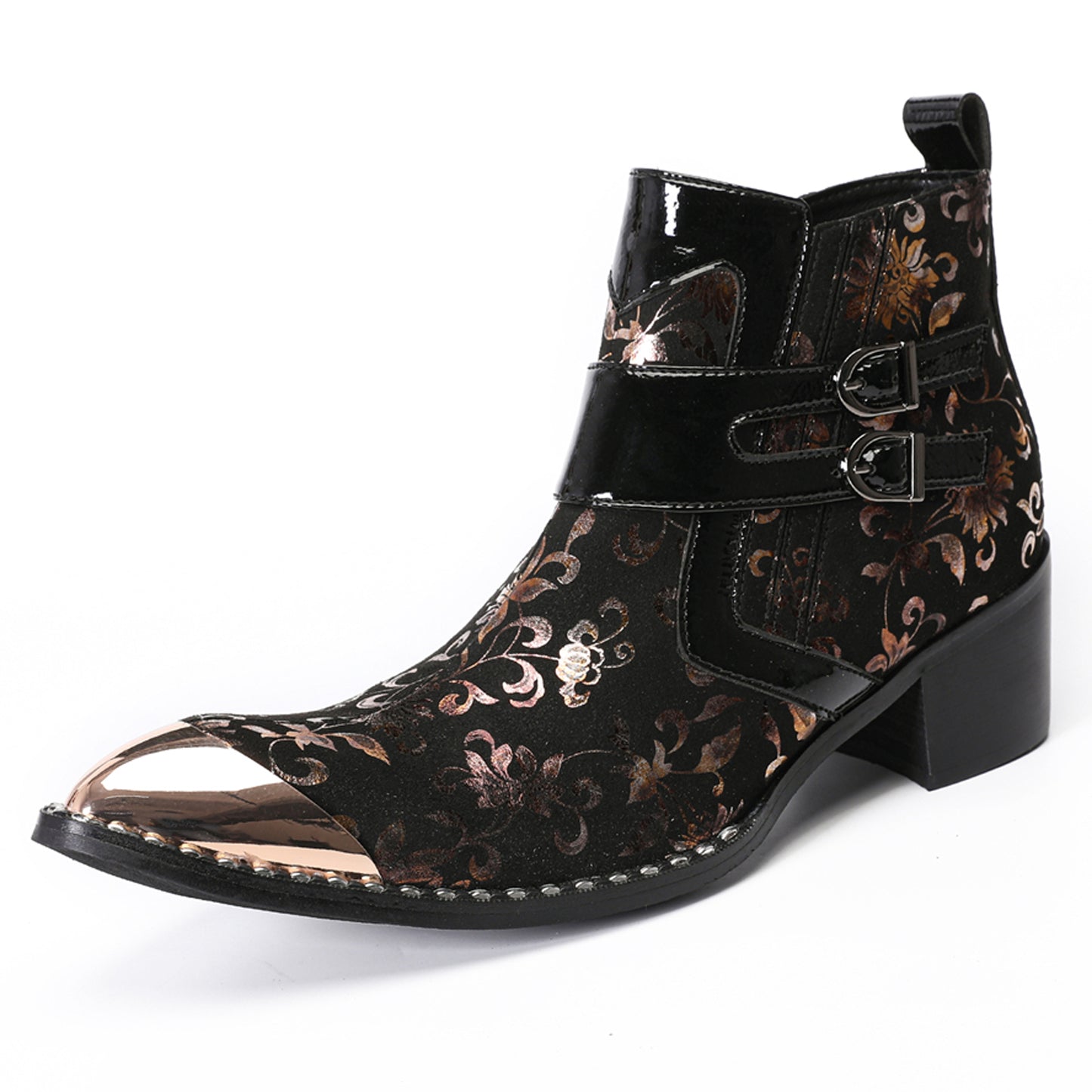 Mens Floral Leather Metal Pointed Toe Buckle Ankle Western Boots