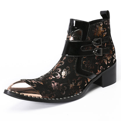 Mens Floral Leather Metal Pointed Toe Buckle Ankle Western Boots