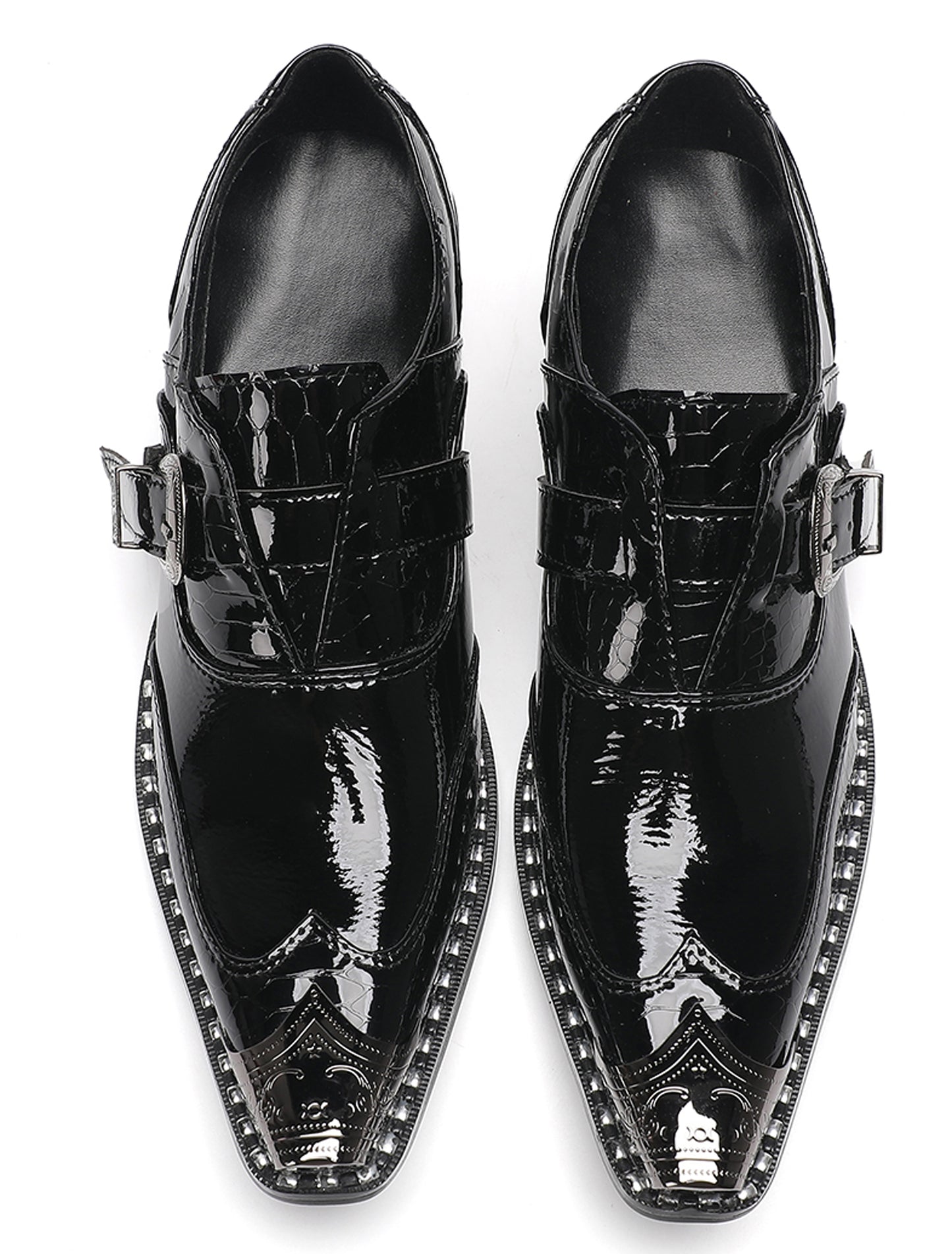 Mens Black Glossy Leather Buckle Detail Dress Western Loafers