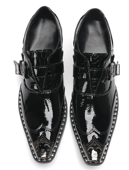 Mens Black Glossy Leather Buckle Detail Dress Western Loafers