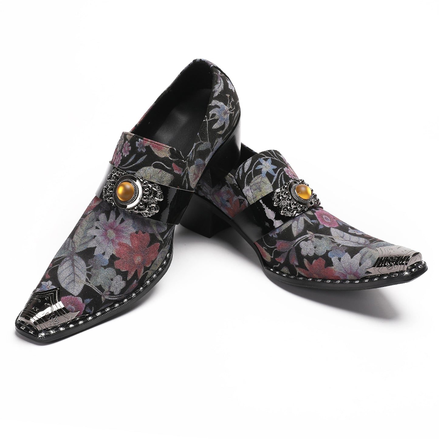 Mens Floral Leather Loafers Metal Toe Slip On Dress Shoes