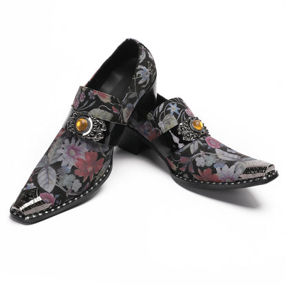 Mens Floral Leather Loafers Metal Toe Slip On Dress Shoes