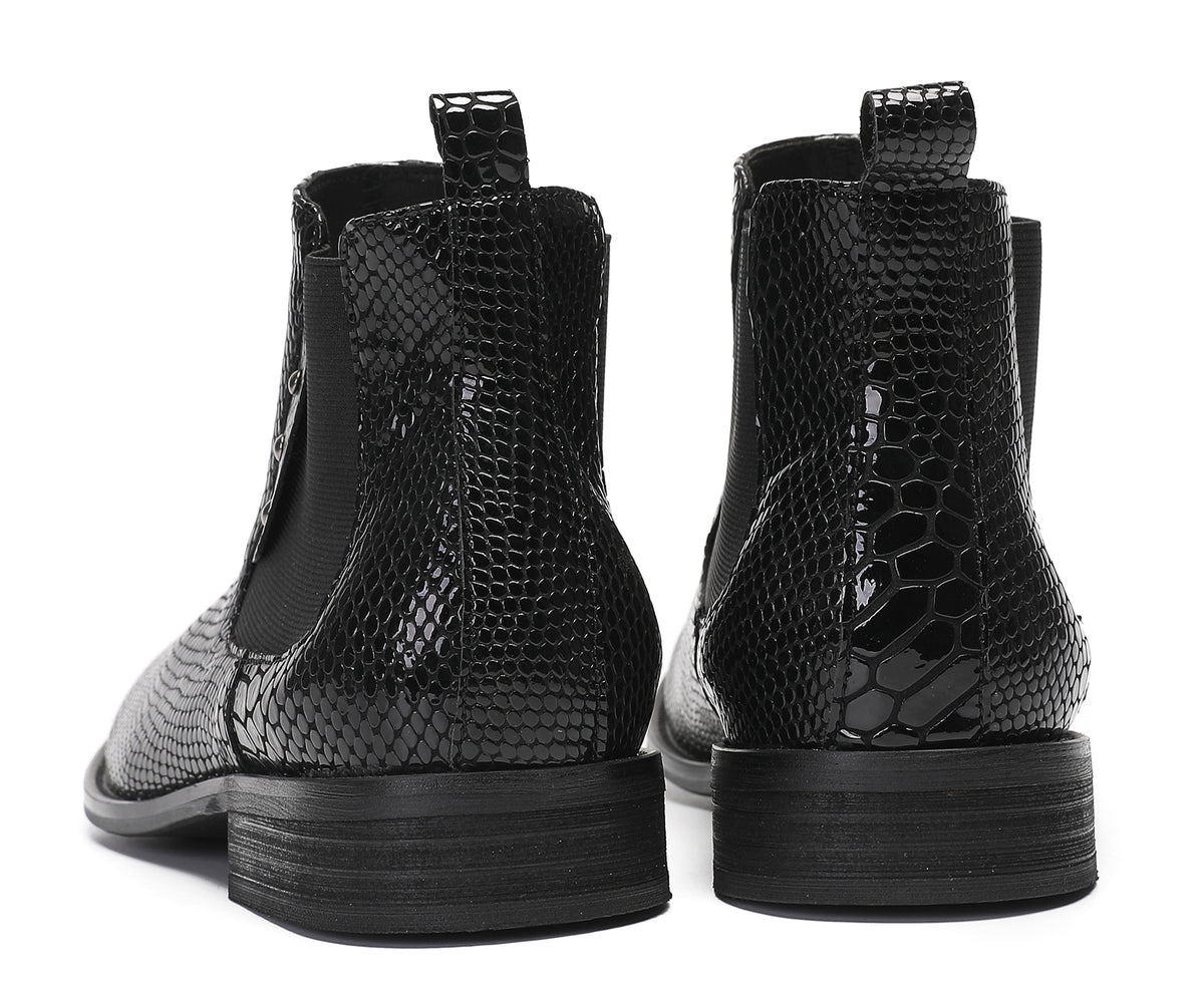 Mens Snakeskin Pattern Genuine Leather Zipper Beads Ankles Boots