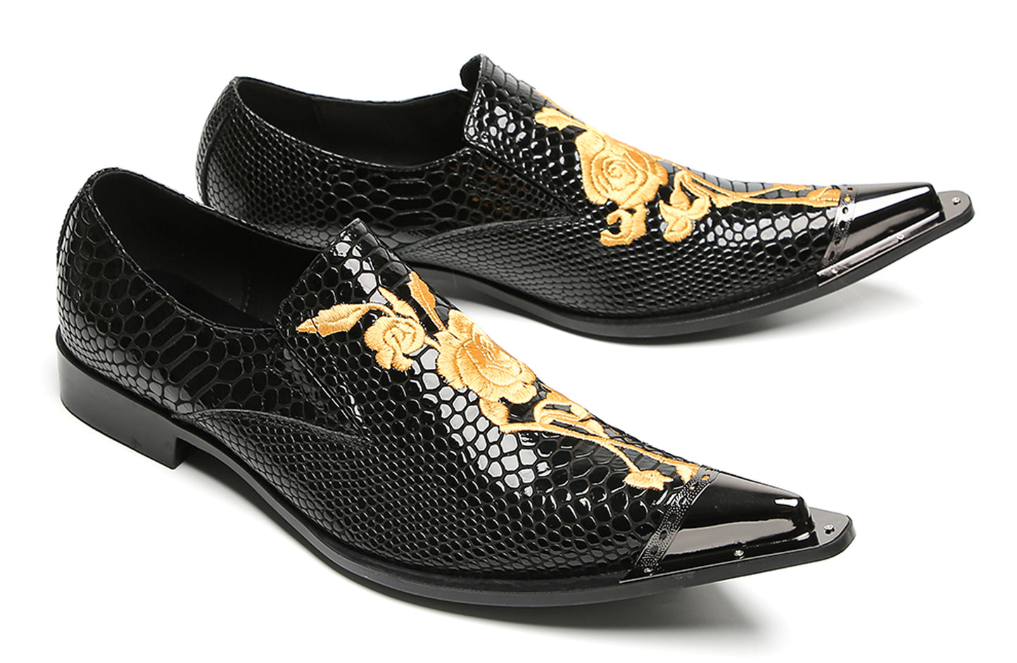 Mens Embroidered Rose Snake Pattern Patent Leather Western Loafers