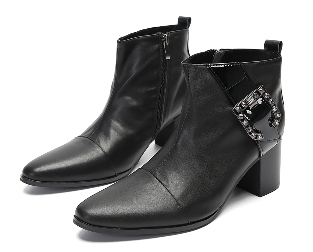 Mens Genunie Leather Beaded Buckle Heel Ankle Boots