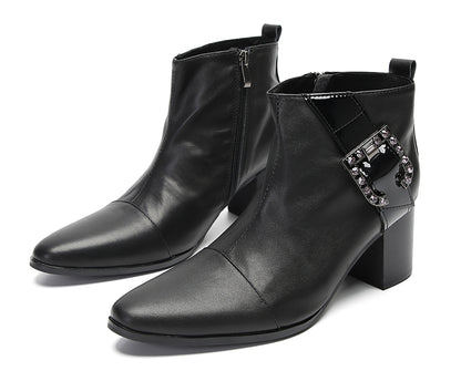 Mens Genunie Leather Beaded Buckle Heel Ankle Boots