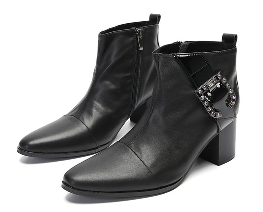 Mens Genunie Leather Beaded Buckle Heel Ankle Boots