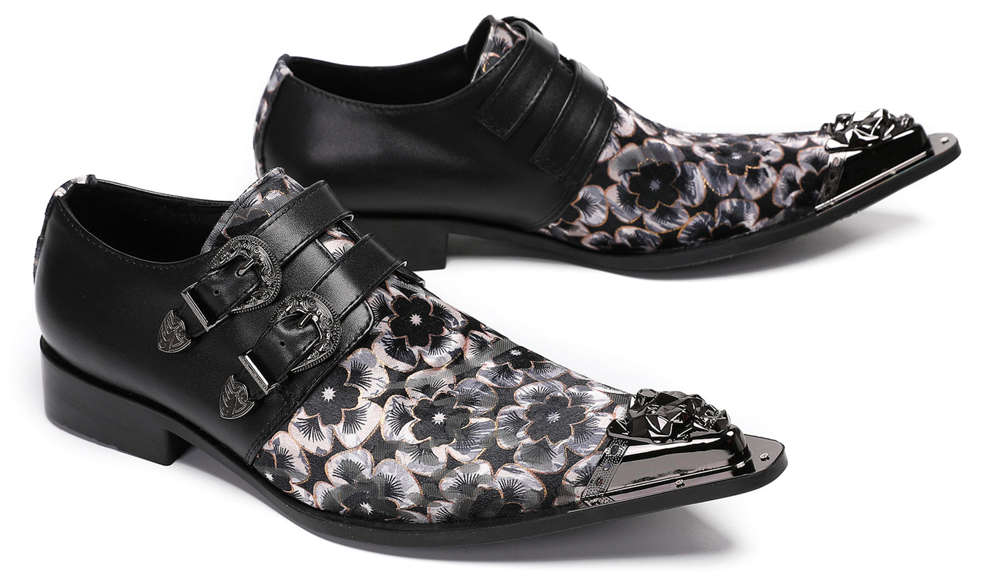 Mens Double Buckle Flower Embroidery Two-Tone Western Loafers