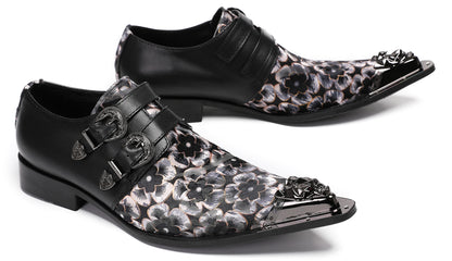 Mens Double Buckle Flower Embroidery Two-Tone Western Loafers