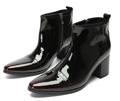 Mens Patent Leather Zipper On Side Mid Calf Heel Ankle Boots