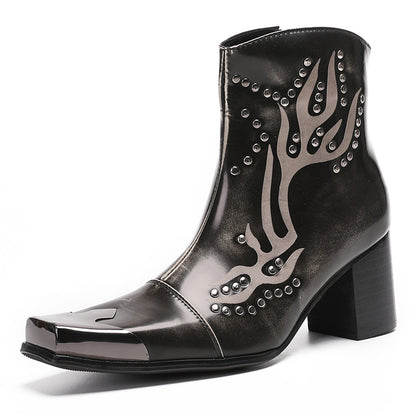 Mens Leather Metal Square Toe Flame Studded Dress Ankle Western Boots