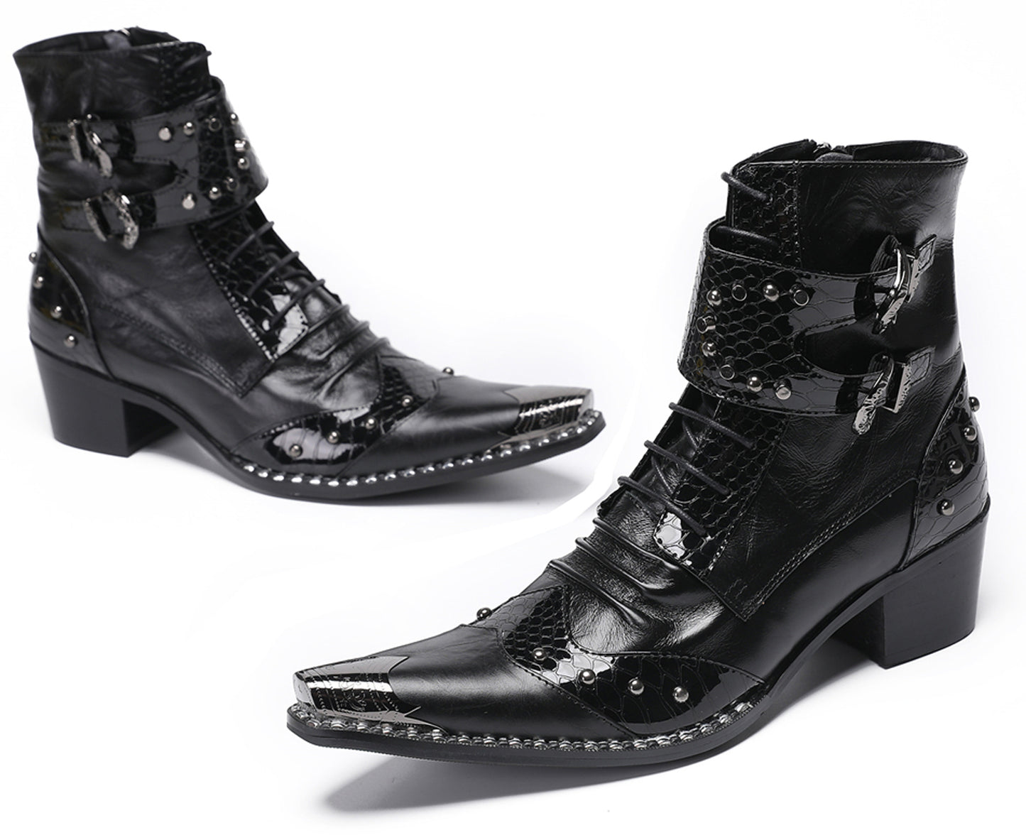 Mens Genuine Leather Metal Pointed Toe Belt Buckles Cowboy Western Boots
