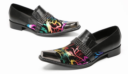 Mens Metal Pointed Cap Chain Decor Slip-On Dress Western Loafers