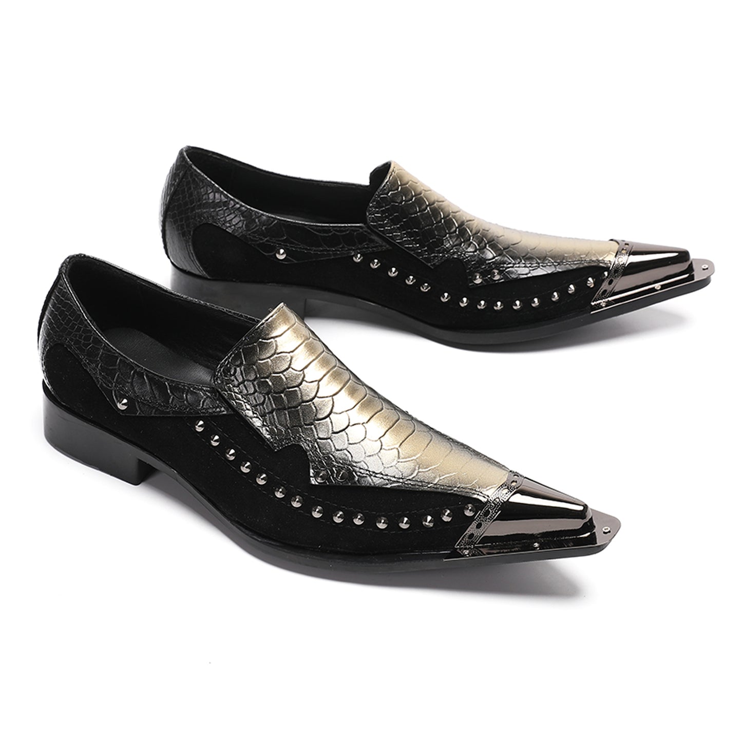 Mens Snake Embossed Leather Metal Toe Studded Loafers