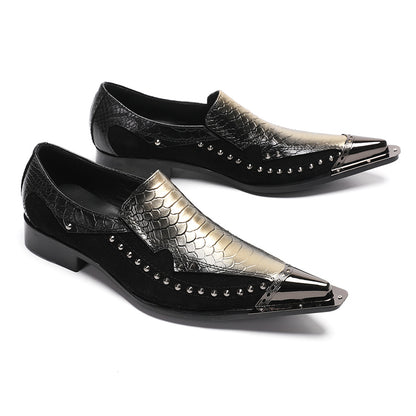 Mens Snake Embossed Leather Metal Toe Studded Loafers