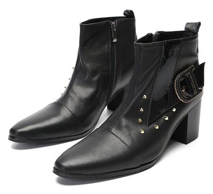 Mens Genunie Leather Zipper D-Buckle On Side Heel Ankle Boots