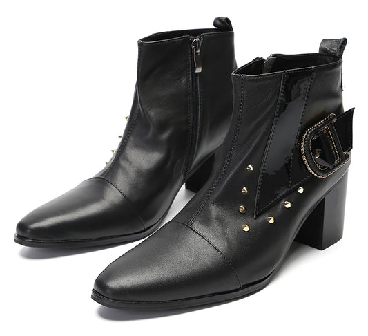 Mens Genunie Leather Zipper D-Buckle On Side Heel Ankle Boots