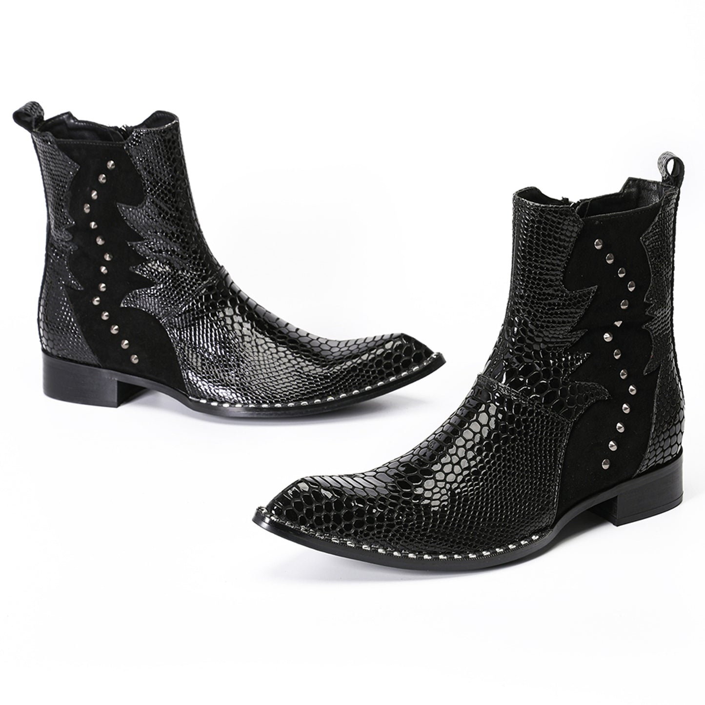 Mens Top-Grain Leather Snake-Embossed Studded Western Cowboy Ankle Boots