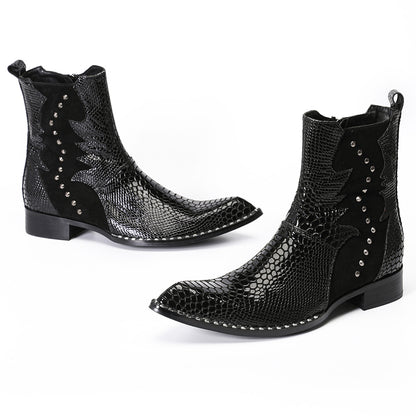 Mens Top-Grain Leather Snake-Embossed Studded Western Cowboy Ankle Boots