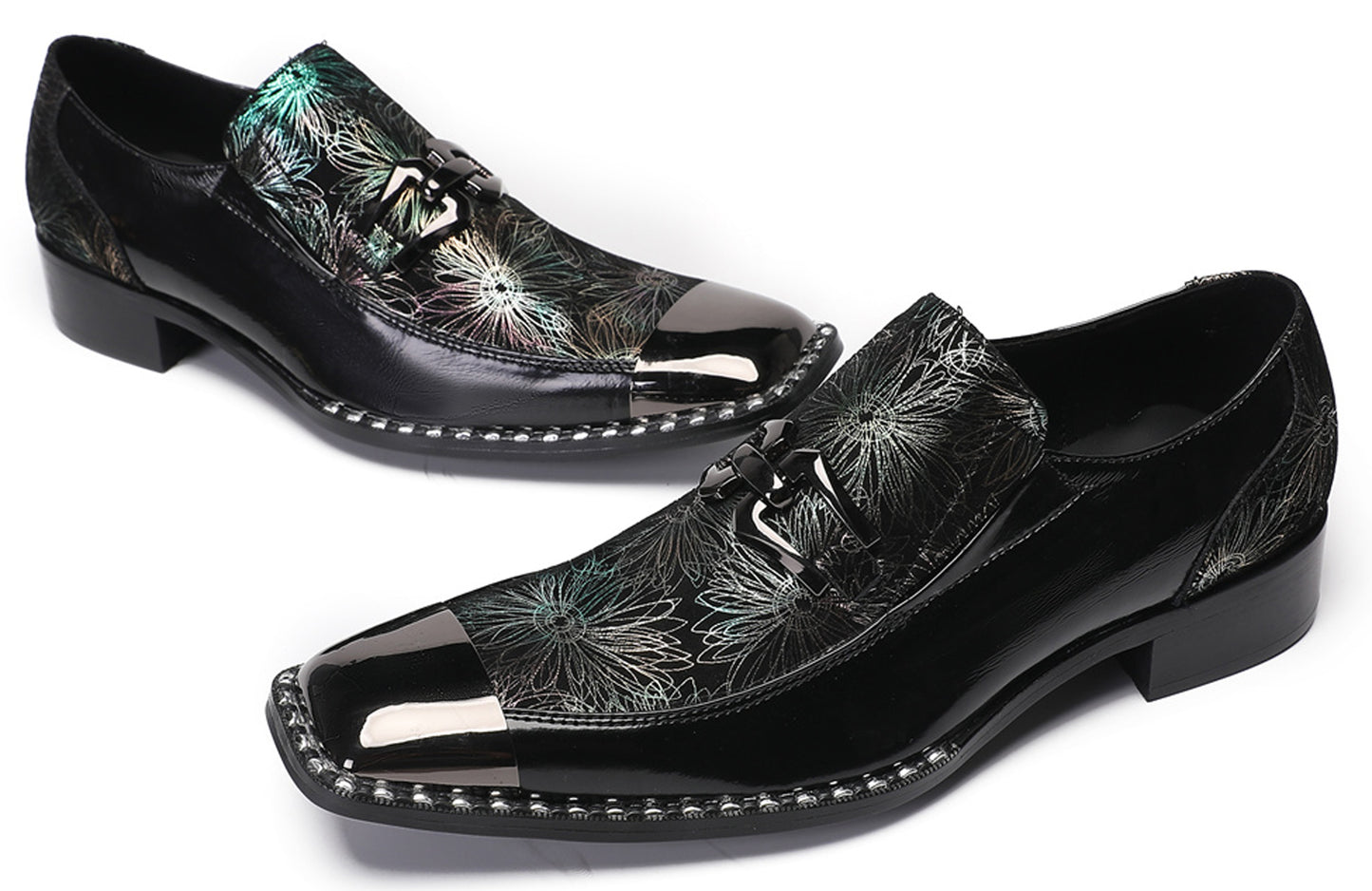 Mens Genuine Leather Sequin Metal Square Toe Western Loafers