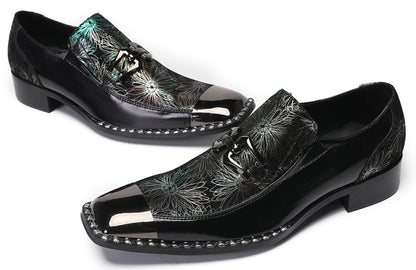 Mens Genuine Leather Sequin Metal Square Toe Western Loafers