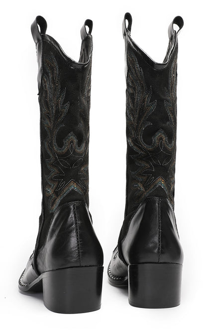 Mens Genuine Leather Metal Wingtip Toe Embroidered Pull On Western Cowboy Boots