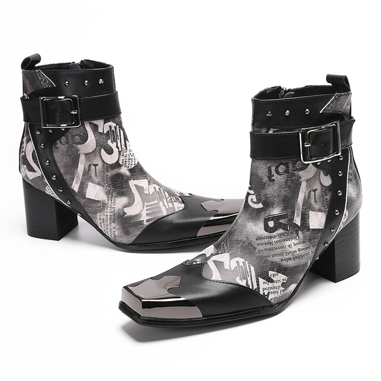 Mens Metal Square Toe Buckle Printed Leather Ankle Western Boots