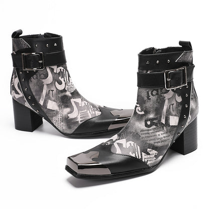 Mens Metal Square Toe Buckle Printed Leather Ankle Western Boots